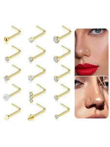 15PCS G23 Titanium Nose Studs Ring L-Shaped Round CZ Ball Opal Star Heart Nose Studs Nostril Body Piercings Jewelry Set for Women Men Silver Gold Tone 20G 1.5mm 2mm 2.5mm 3mm 3.5mm Rhinestone Nose Ring