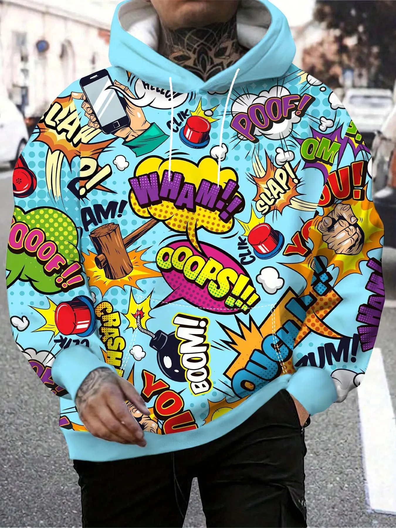 Light blue pop comic print hoodie, a fun Casual streetwear fashion item Graphic Hoodie Cartoon Print Hoodie