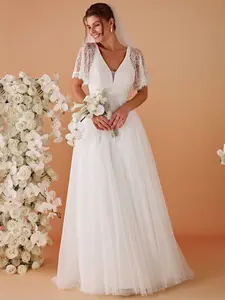 Ever-Pretty  V-Neck Tulle Wedding Dresses with Lace Short Sleeves 02039