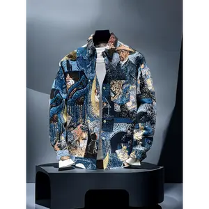 Pearson OBM Men's Slim-Fit Long Sleeve Shirt With Van Gogh-Inspired Embroidered Jacquard - Casual Street Style Button-Up Polyester Machine Washable Top Collar Menswear Collared Short Fathersdaygift Wetsuit Multicolor JF422873