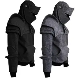 Men Sweatshirt Solid Color Front Pocket Pullover Hoodie Plain Medieval Style Face Cover Hooded Knight Halloween Clothing Costumes Long Sleeve(Sheets)