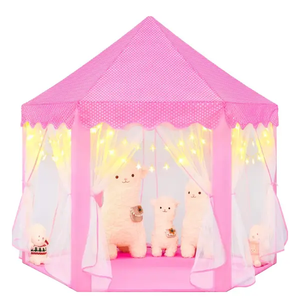 Princess Tent for Girls with Star Lights – Pink Castle Play Tent Indoor Playhouse for Toddlers & Kids Age 3-8, Foldable Princess Toy Tent for Bedroom, Birthday Gift, 55x53 Inch