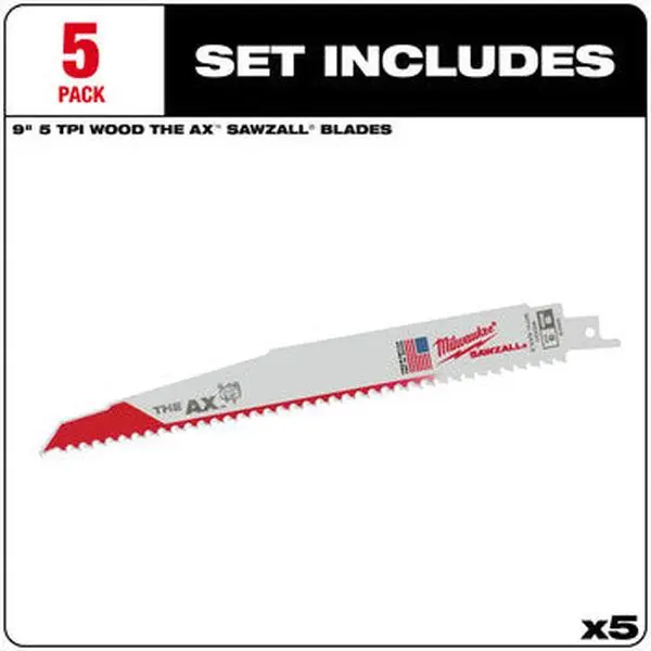 Milwaukee 48-00-5026 5PC 9" 5 TPI The Ax Sawzall Blade