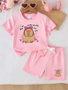 Capybara Girls' Summer 2-Piece Set - Short Sleeve Tee & Shorts Outfit | Soft & Comfortable Everyday Playwear for School, Parties & Outdoor Activities | Multi-Color Options, Ideal Holiday & Birthday Gift