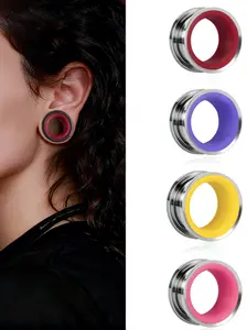 Vanku 2pcs Dual Color Stainless Steel Horn Ear Tunnels, Unisex Anti-Allergy Hypoallergenic Ear Plugs, Fashion Punk Jewelry Gift for Women & Men