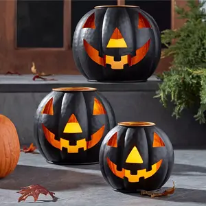 Member's Mark Pre-Lit Black Metal Jack-O-Lantern Set with LED Candles - Set of 3