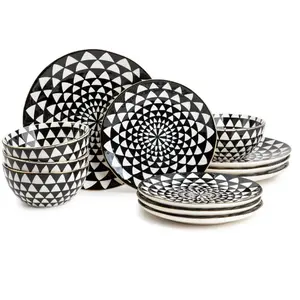 12-Piece Black & White Medallion Collection Stoneware Dinnerware Set - Cookware Cutlery Stylish