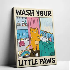 "Wash Your Paws" Funny Cat Bathroom Canvas Wall Art | Cute Orange Kitty Retro Poster | Unframed Washroom Decor Print