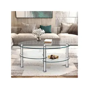 New 2024  Costway Tempered Glass Oval Side Coffee Table Shelf Chrome Base Living Room