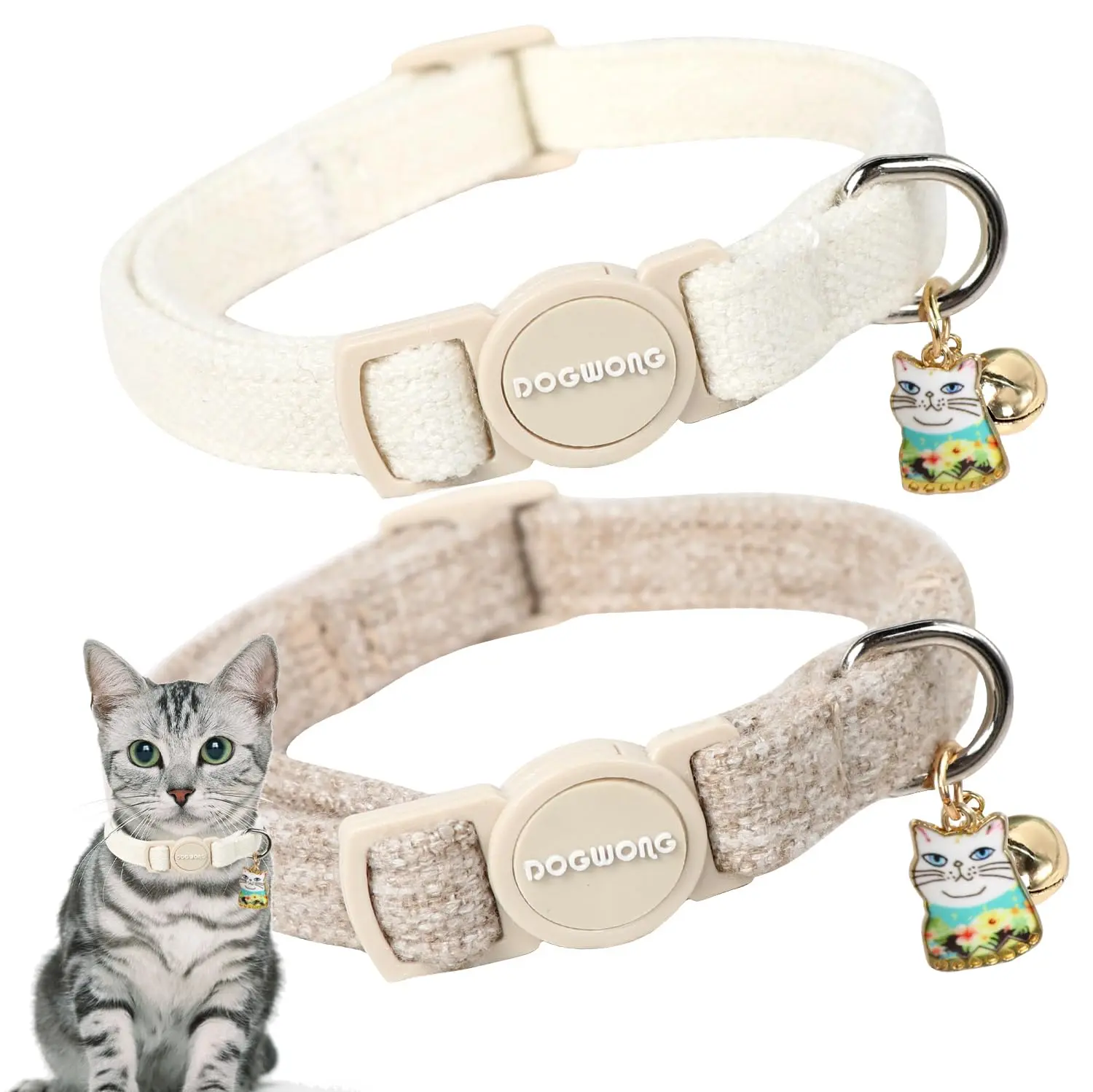 DOGWONG 2-Pack Solid Hemp Cat Collars - 100% Soft Cotton, Breakaway Oval Buckle, Removable Gentle Sound Bell Ring, 7.87”-11.8” Adjustable Universal Fit Neck Size, Lightweight Daily Pet Accessory, Daily Looks, Chew Resistant