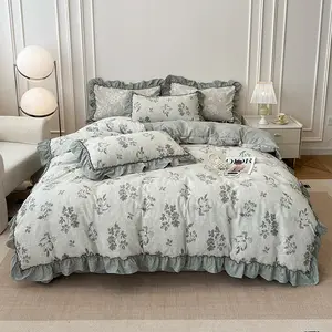 Plant floral printed bedding set, 3 pieces/set, vintage floral ruffled lace duvet cover set, includes 1 duvet cover and 2 pillowcases (filling not included), soft and comfortable bedding set, suitable for home bedrooms and hotels, Bed Sets