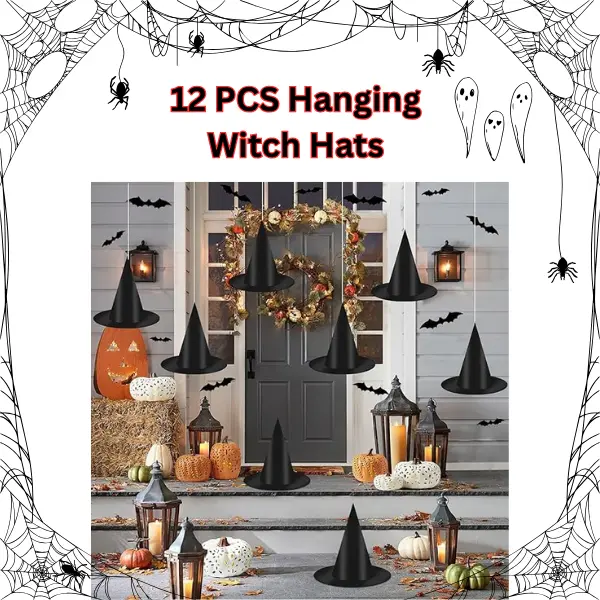 12PCS Hanging Witch Hats with 16PCS 3D Bat Stickers – Halloween Indoor & Outdoor Decorations for Home, Party & Yard Set Ornaments