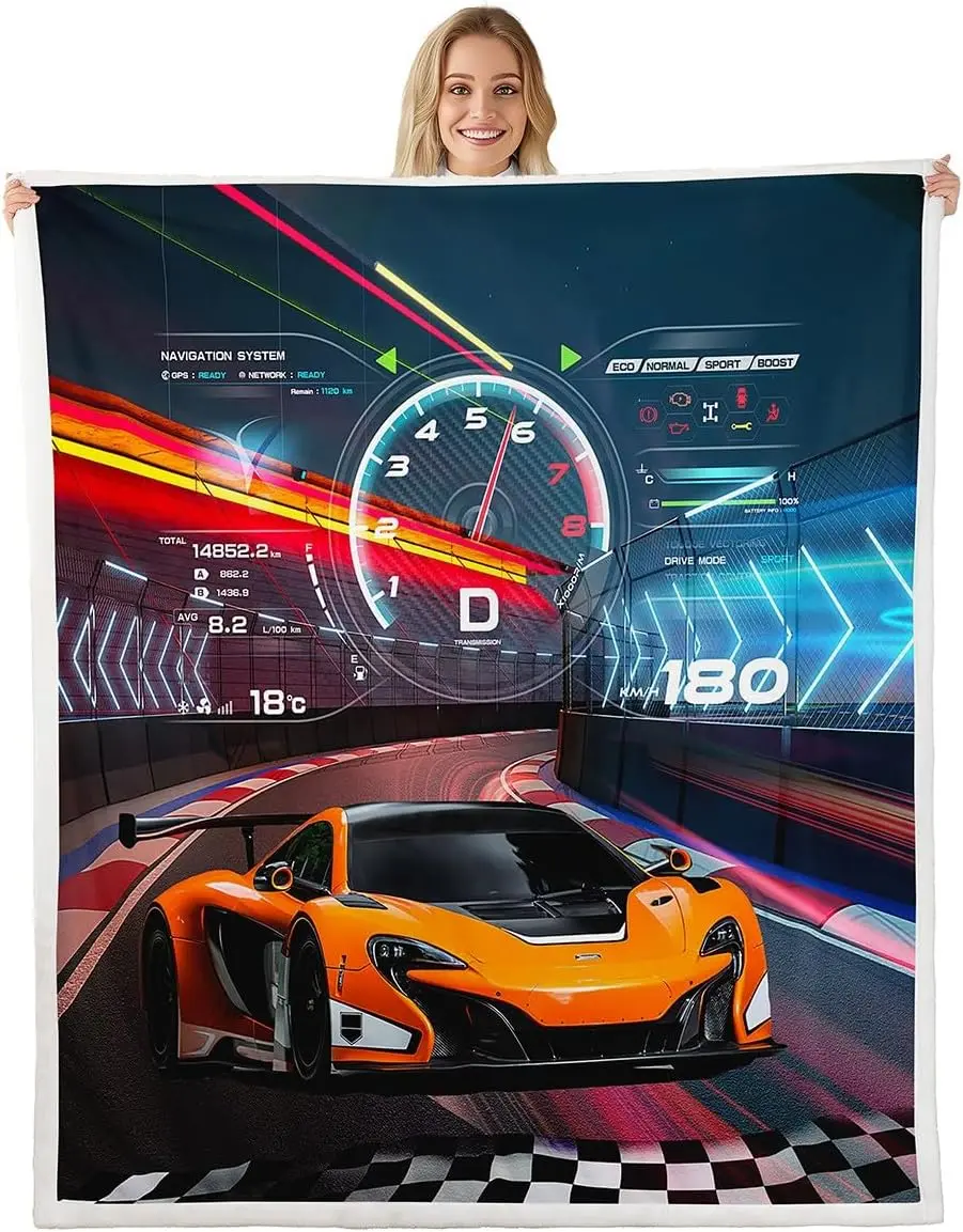 Soft Fleece Blanket with Race Car Print - Racing Style Plush Blanket for Extreme Sports Enthusiasts, Sofa or Bed Use, Ideal Gift Option, Car Print Blankets