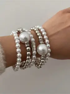 Set of 5 Exaggerated Punk Style Imitation Pearl Ladies' Bracelets and Hand Chains, Stackable Bracelets for Girls To Wear for Daily Outings and Parties, As Accessories for Girls' Outfits, Fashionable Bracelet, Wearable Jewelry, Stacking Bracelet