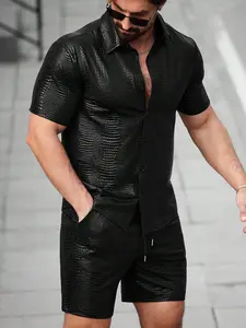 Men's 2 piece set - Men 2-Piece PU Leather Shirt & Drawstring Shorts for Street Style funny shirts men gifts country boy clothes men clothing vacation outfits summer outfits men outfits men business casual outfits office work clothes Formal Chainsaw