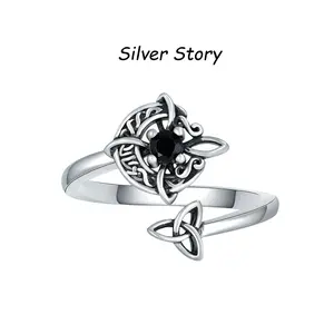 Witchy Celtic Knot 925 Sterling Silver Open Ring, Vintage Viking Rune Witch Jewelry for Women, Gothic Witchcraft Adjustable Ring , Pagan Wiccan Amulet Jewelry Gift for Her, Retro Witchy Style Statement Ring