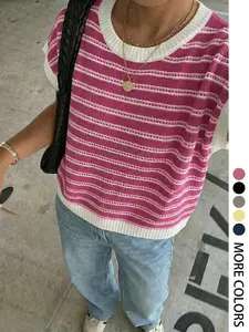 Women's Striped Knit Vest Round Neck Casual Loose Fit Sleeveless Top, Spring Summer Fashion, Elegant and Comfortable, Random Stripe Pattern