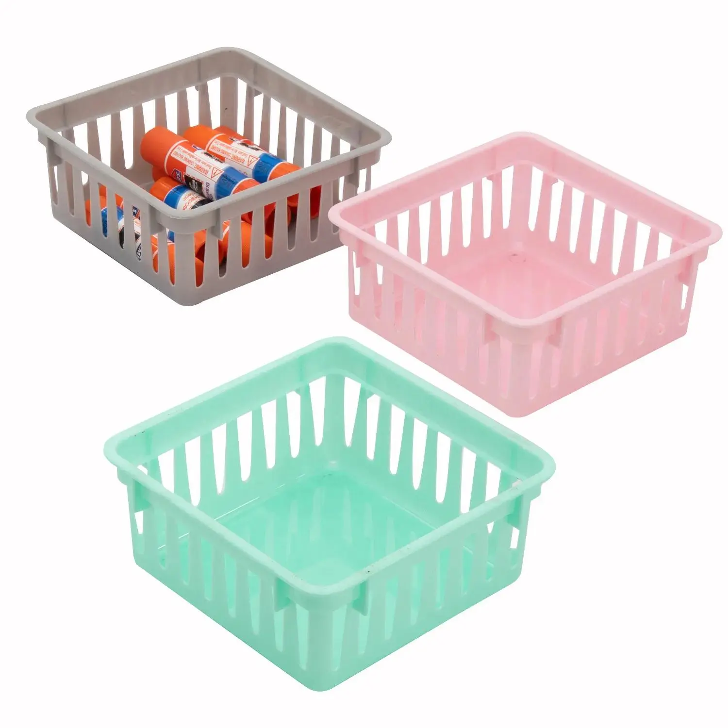 Plastic Multicolor Colorful Small Square Storage Basket Set, 5.25" x 2.25" Pastel Organiser for Classroom - 6 Pc.