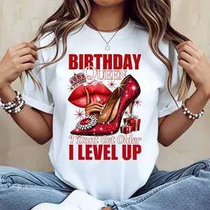 Birthday Queen Red Heel Lips Crown Gift Print T Shirt Women Casual Short Sleeve Round Neck Top Fashion Statement Birthday Celebration Wear