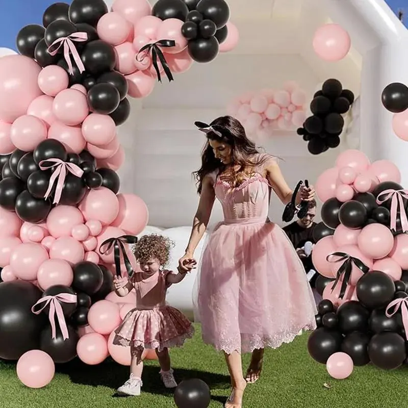 Pink-Black Round Balloon & Bow Garland Arch Kit with Balloon Arch Elements, for Coquette Birthday & Wedding Party Decorations, Balloon Arch Balloons
