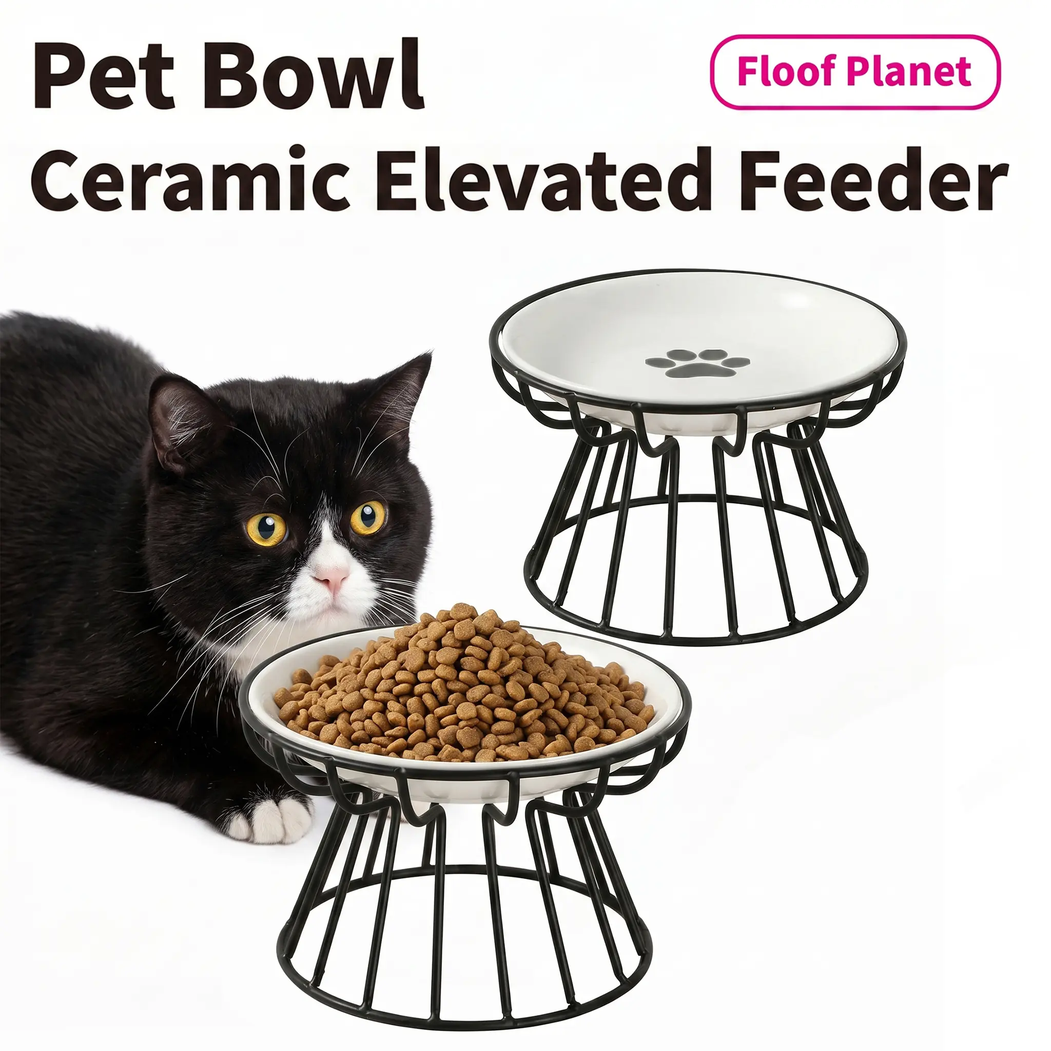 Ceramic Elevated Cat Bowl with Metal Stand, Neck-Friendly Raised Pet Feeding Station, Whisker Relief Shallow Dish for Cats & Small Dogs