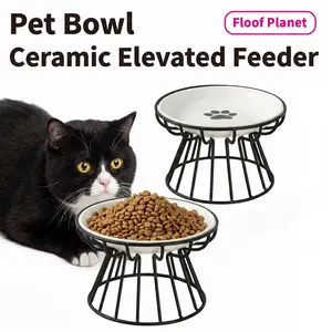 Ceramic Elevated Cat Bowl with Metal Stand, Neck-Friendly Raised Pet Feeding Station, Whisker Relief Shallow Dish for Cats & Small Dogs