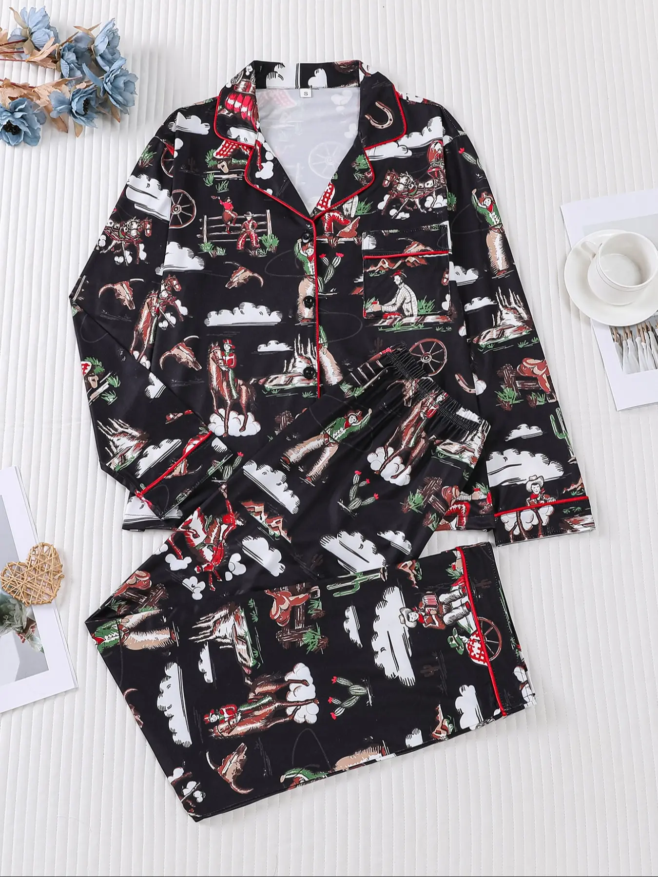 2 pieces of women's black bottom western denim horse riding print long sleeved pants pajama set with pockets suitable for all seasons comfortable and elegant casual home wear