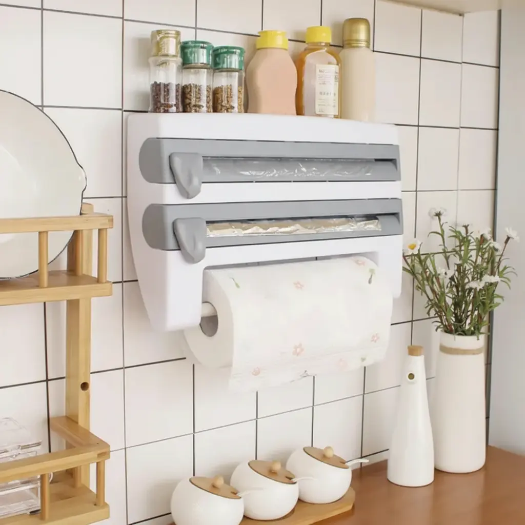3-in-1 Wall-Mounted Kitchen Organizer - ABS & Metal No-Drill Installation Space Saver with Slide Cutter for Paper Towel, Foil, Plastic Wrap