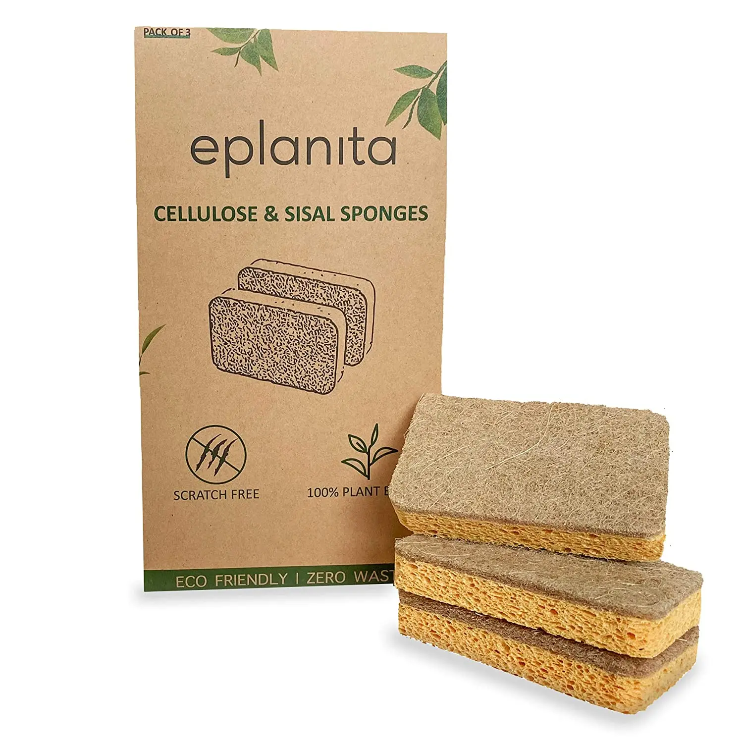 Eplanita Natural Plant Based Scrub Sponges (3 Pack), Non-Scratch, Biodegradable Eco Scourers for Kitchen and Bathroom eplanita