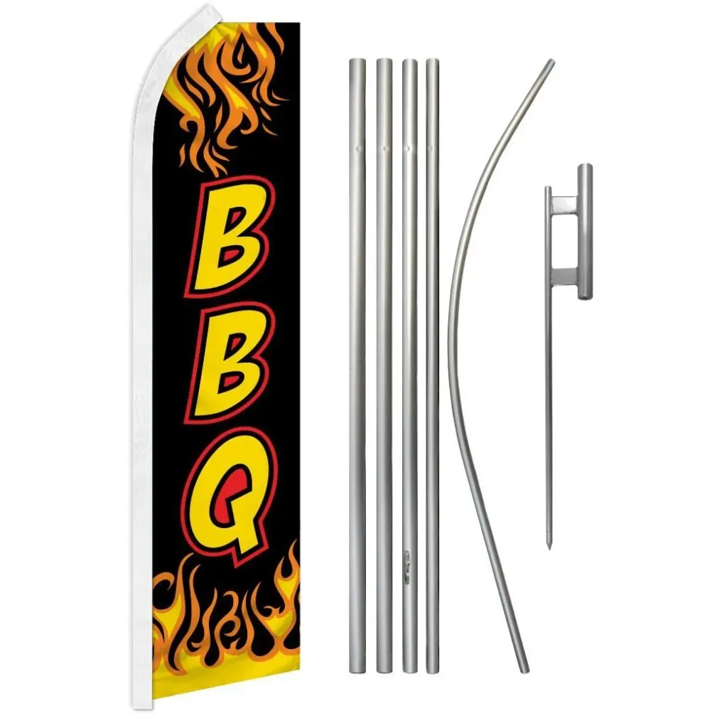 5-Piece Steel-Aluminium BBQ Banner & Pole Kit, 11.5x2.5ft Black Polyester Outdoor Banner with Curved Sleeve, In-Ground Festive Flag, Party Backdrop Decoration for Home Supplies, Outdoor Banners
