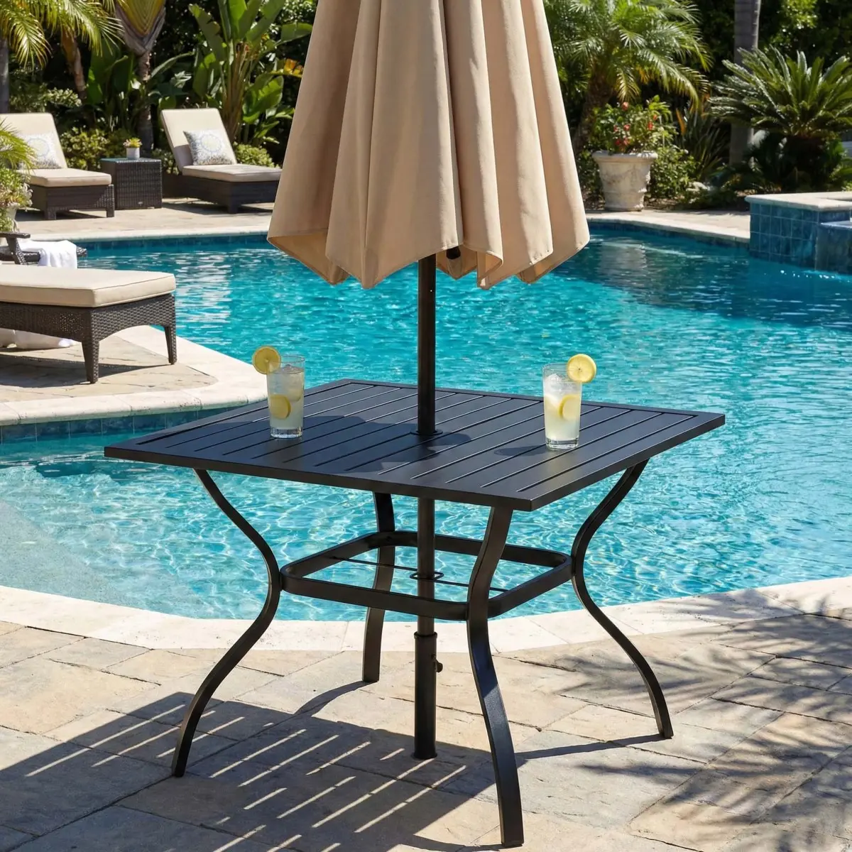 Metal Steel Slat Patio Dining Table Square Backyard Bistro Table Outdoor Furniture Garden Table