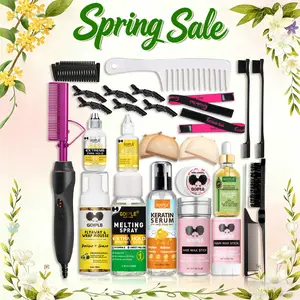 Pink Hot Comb Hair Straightener Heat Pressing Combs Ceramic Electric Comb Curling Iron for Smooth Wigs Pressing Combs Elastic Brush Kit