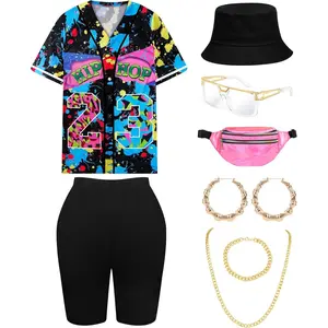9 Pcs 80s 90s Hip Hop Costume for Women Unisex Outfit Set with Baseball Jersey Shirt Pants Bucket Hat Gold Chain Accessories for Party Club Pub Casual