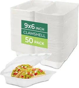 Freshware Clamshell Food Containers 9x6” (50 Pack) – Heavy Duty Disposable To Go Boxes with Lids, Leak Resistant, Microwave Safe, Compostable