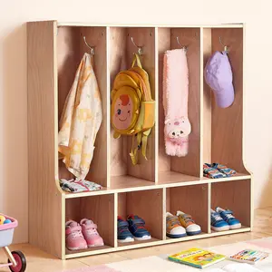 VEVOR 4-Section Kids Coat Locker Furniture, Toddler-Proof Wardrobes Wooden Cubby Storage Organizer with 8 Hooks, Non-Slip Mat, 4 Small Open Boxes for Home, Kindergarten (Children's Use)