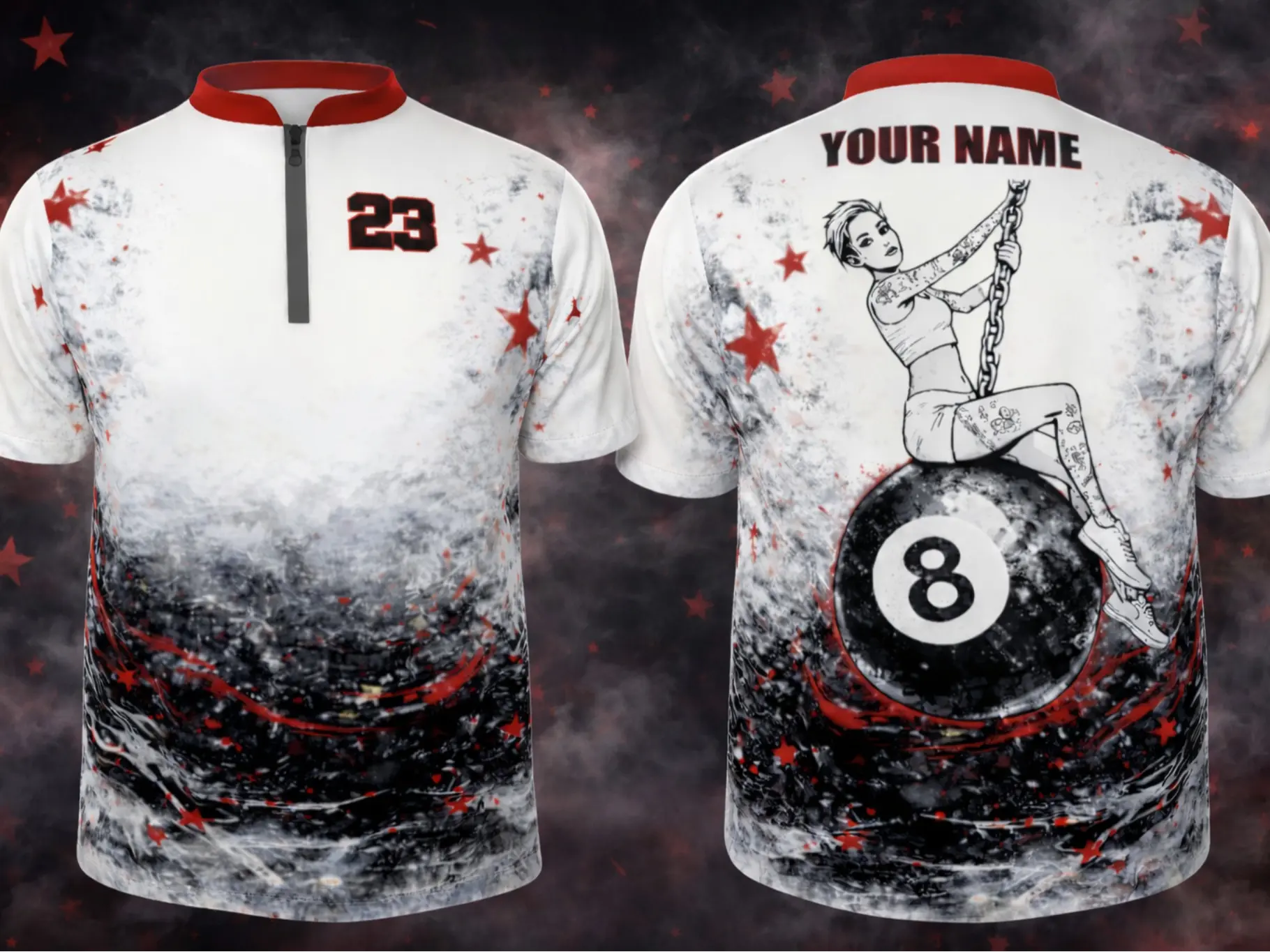 8 Ball Wreck 23 Custom Name Quarter Zip Sport Jersey Personalized Design Billiards