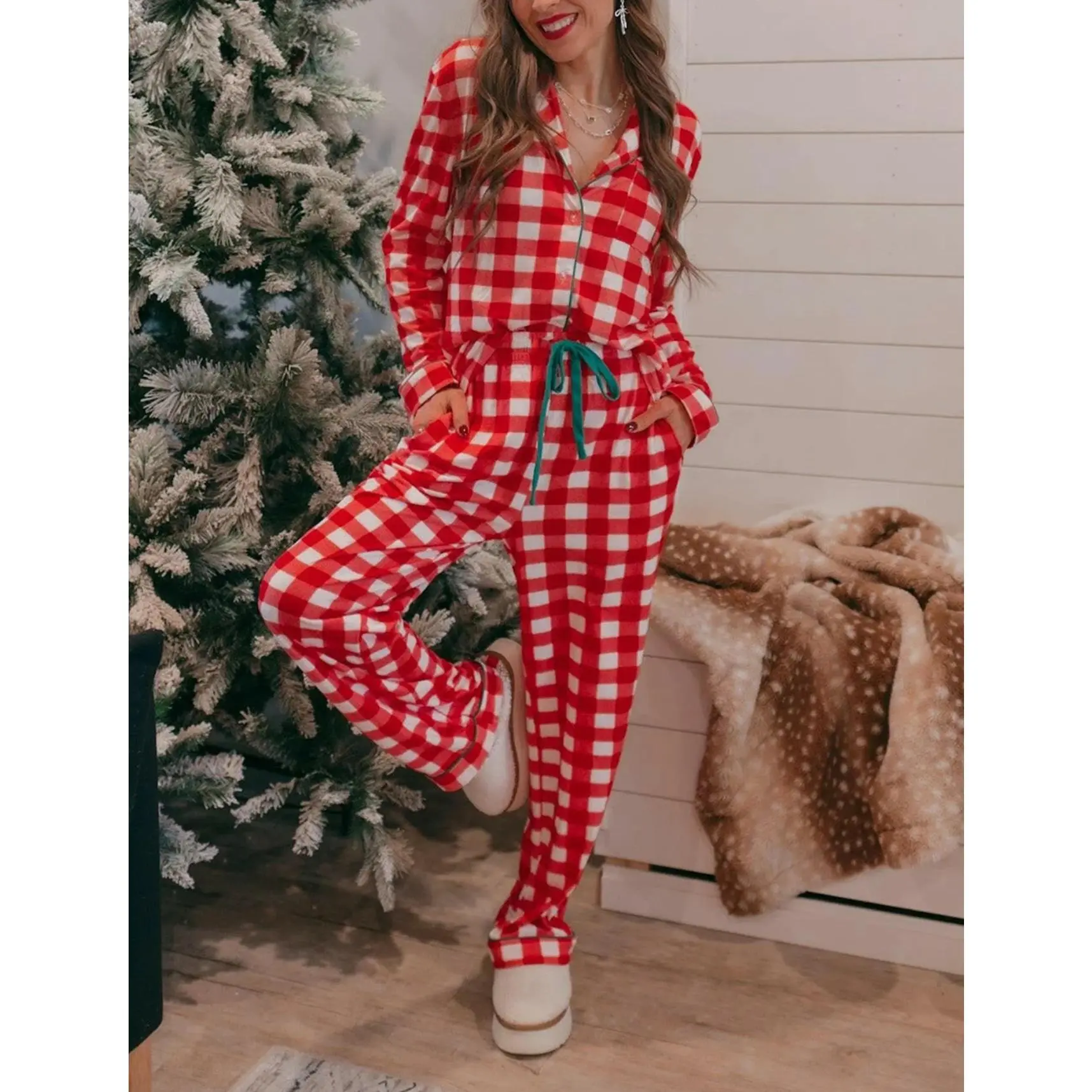 Women's Christmas Pajama Set Long Sleeve Lapel Plaid Shirt Drawstring Pants Sleepwear
