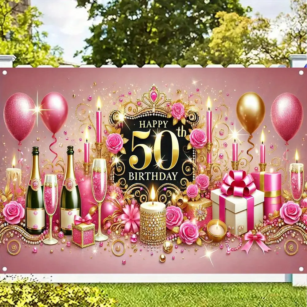 50th Birthday Celebration Polyester Backdrop Banner, Pink-Golden Flower Design with Rose Flowers & Champagne Balloons, 151.89x91.95cm Festive Home Supply for 50s Parties & Live Streaming Decor