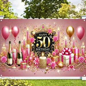 50th Birthday Celebration Tapestry Backdrop Banner, Pink-Golden Theme with Rose Flowers & Champagne Balloons, 151.89x91.95cm Polyester Decor for 50s Parties & Live Streaming, Festive Home Supplies for Decorating