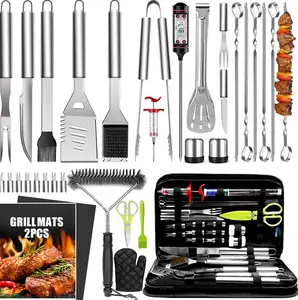 34PCS BBQ Grill Accessories Set – Stainless Steel Grilling Tools with Thermometer & Grill Mats, Heavy Duty Outdoor BBQ Tool Set for Backyard Cooking & Camping