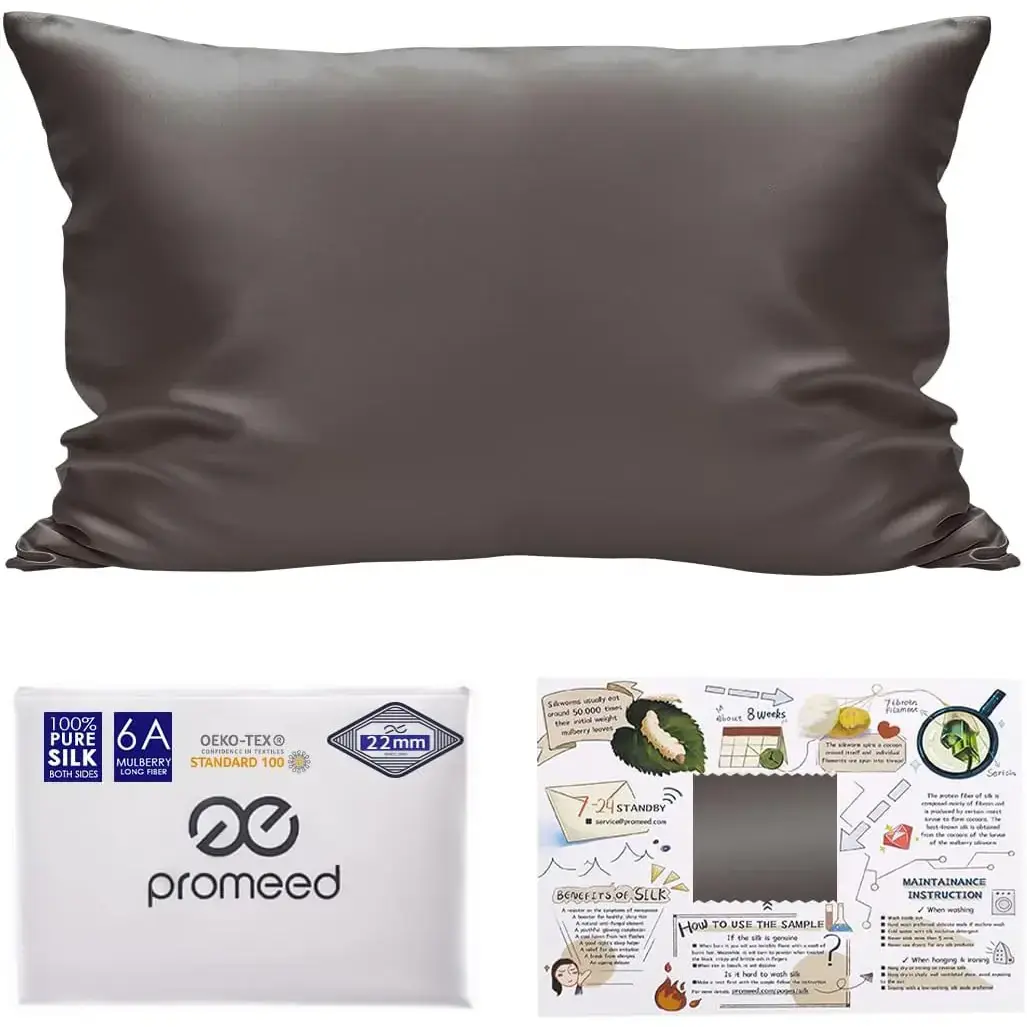 Grey 6AA Grade Mulberry Silk Pillowcase, 22 Momme Soft Light Grey Bedding Cover with Hidden Zipper, Oeko-TEX Certified, Tagless Label, Reduced Stitching, Double-Sided Real Silk for Hair and Skin (Standard 20"x26"), Grey - Zipper