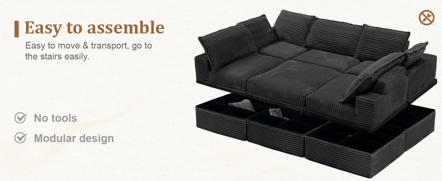 【4 Packages Shipping】NABUMI 142” Oversized Modular Sectional Sofa with Storage, Extra Deep&High Seat Corduroy Cloud Couch, 5 Seater U Shaped Couch, Ergonomic Memory Foam, Free Combination, Tool-Free Assembly, Black, Beige, Dark Gray, Green
