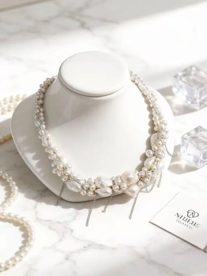 Real Pearl Baroque Shape Cloudy Necklace with Iridescent Beads, Polished Finish, Ideal for Wedding Wear, Model PRXL037, Pearl Chain