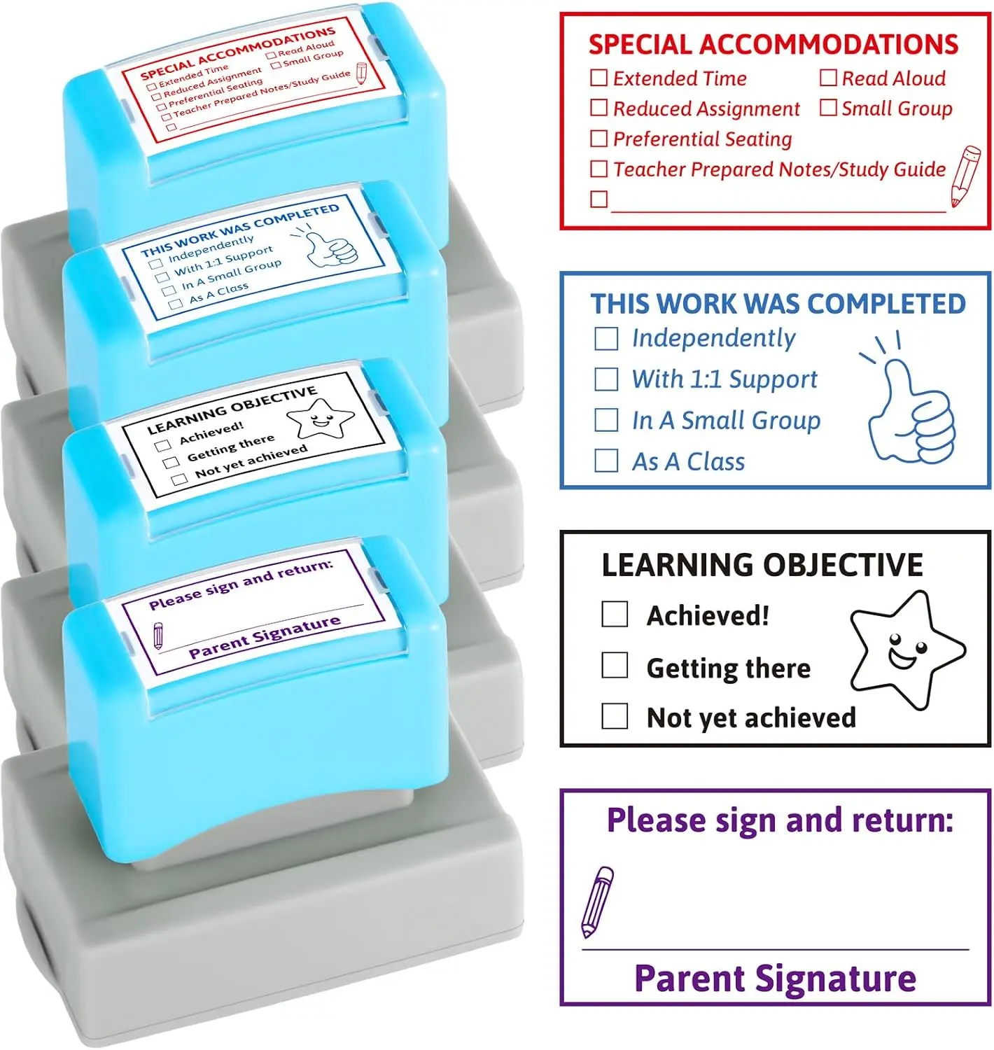4PCS Teacher Stamps for Classroom Self-inking Accommodations Stamp Set Completed Grading Learning Sign Return Rubber Behavior Teacher Stamps for Back to School Homework Student Dormitory Supplies Gift
