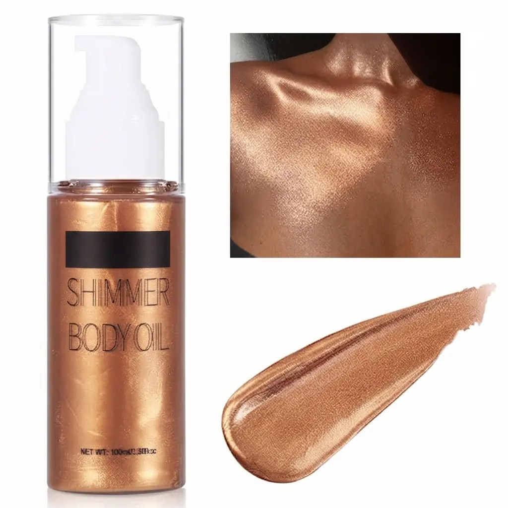 Body Shimmer Oil 100ml, Moisturizing Body Glow Glitter Oil, Waterproof Shimmering Luminizer Liquid Illuminator Highlighter, Tinted Shimmer Lotion Glowing Bronzer Makeup(Bronze Gold)