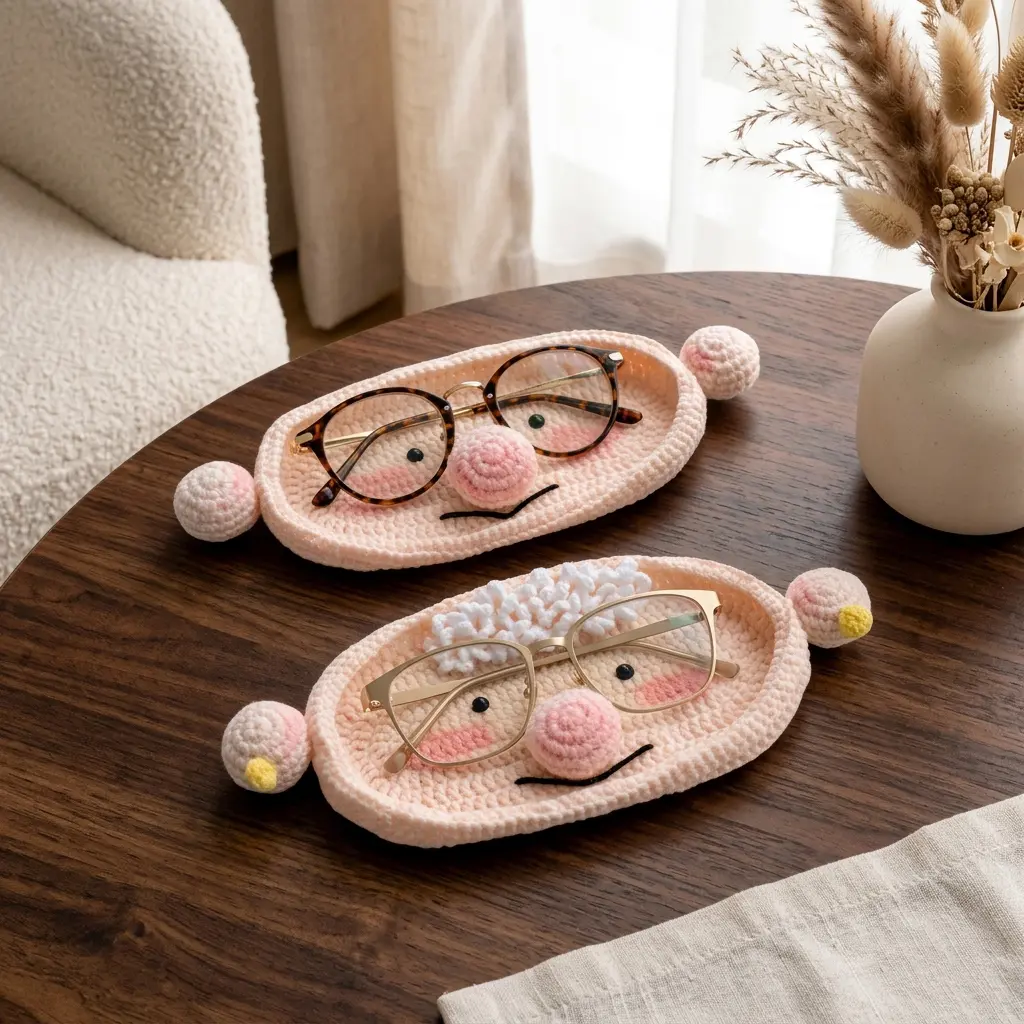 Crochet Unisex Glasses Stand with Tray - Cute Office Desk Accessories, No Closure, Unique Grandparents Gift Idea, Eyewear Accessory