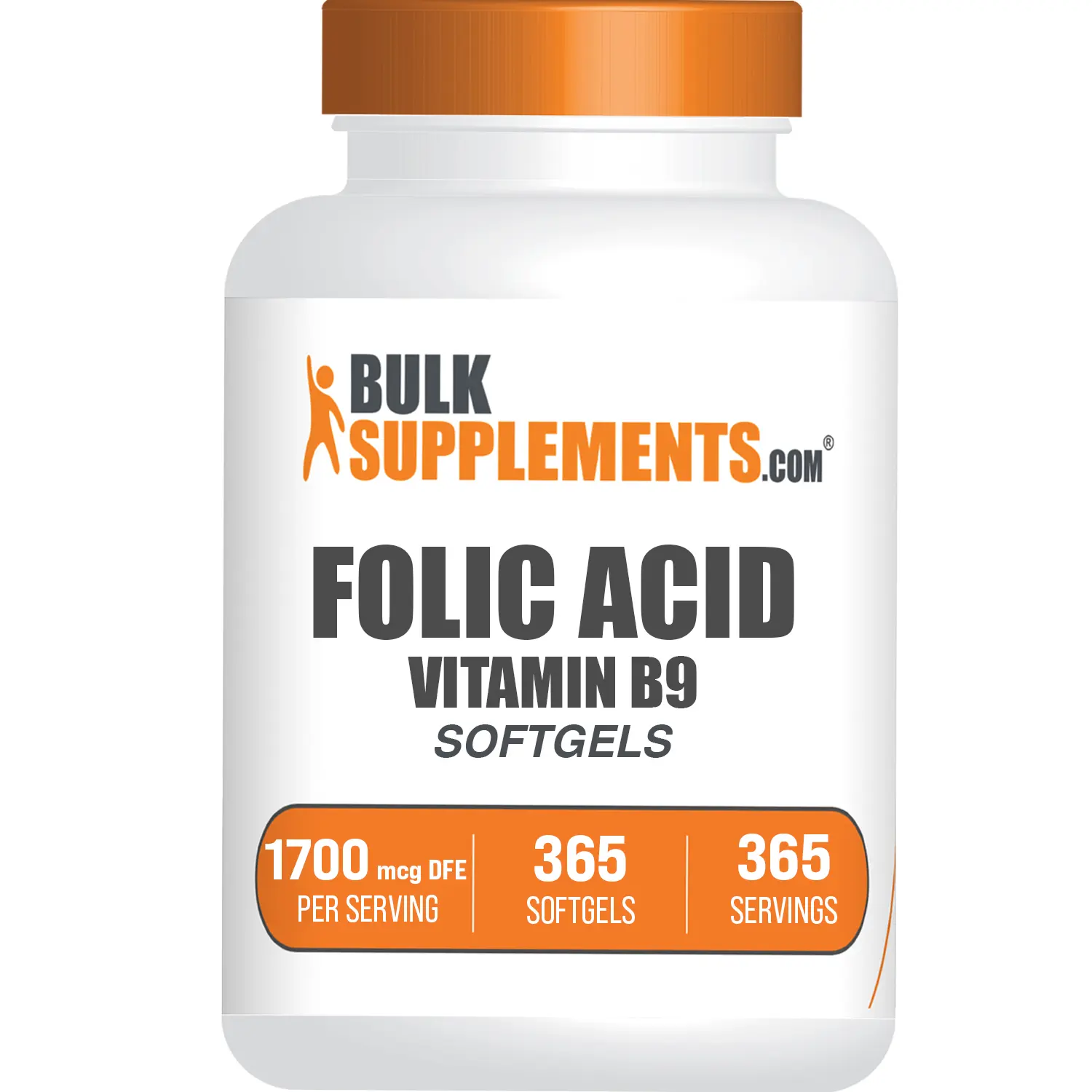 BulkSupplements Folic Acid Vitamin B9 Softgels - Healthy Supplement, 1700mcg DFE per Serving, 365 Count, Hair Skin Nails Support, Healthy Nails, Body Health, Glycerin, Allergen-Free (Sugar, Gluten, Soybeans, Dairy), Unscented