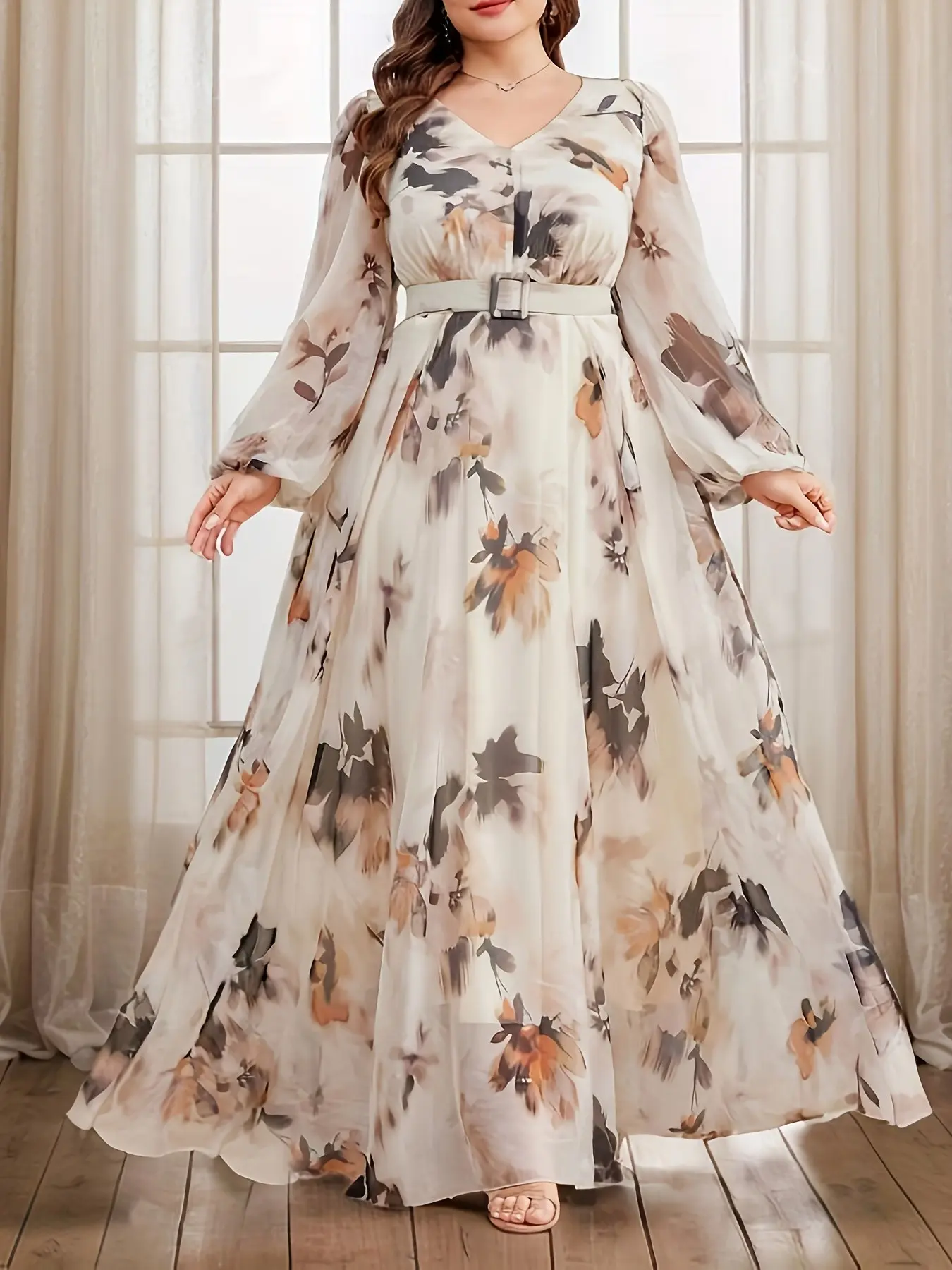 Plus Size Women's Long Sleeve Long All Over Floral Print Dress with Waist Belt, Boho Belted, Bohemian Print Dress, Flower Print Dress, Elegant Summer Dress, Casual Chic Dress, Comfortable and Stylish Womenswear Clothing, Classy Elegant, Casual Dresses