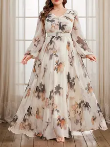 Plus Size Women's Long Sleeve Long All Over Floral Print Dress with Waist Belt, Elegant Casual Wear Summer Dress, Comfortable and Stylish Womenswear Clothing, Casual Classy Elegant