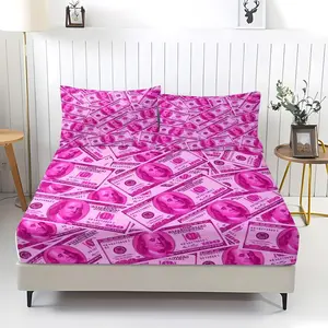 3Pcs Pink Dollar Pattern Digital Print Fitted Sheet Set, Soft Breathable Fabric, Durable & Easy Care Machine Washable, All Seasons, Ideal for Young Professionals Who Love Trendy Decor, Long-Lasting Quality. Includes 2 Pillowcases, No Pillow Core.